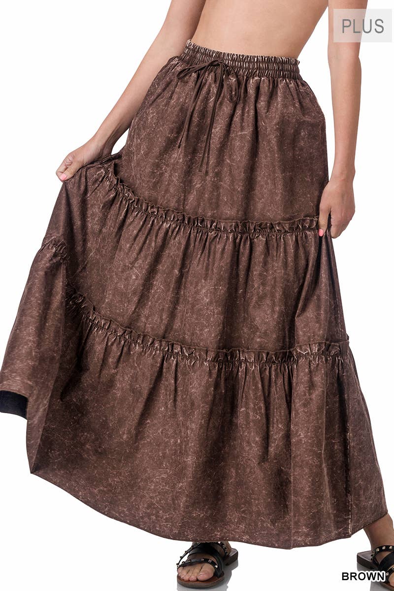 Plus Woven Acid Wash Tiered Ruffle Maxi Skirt