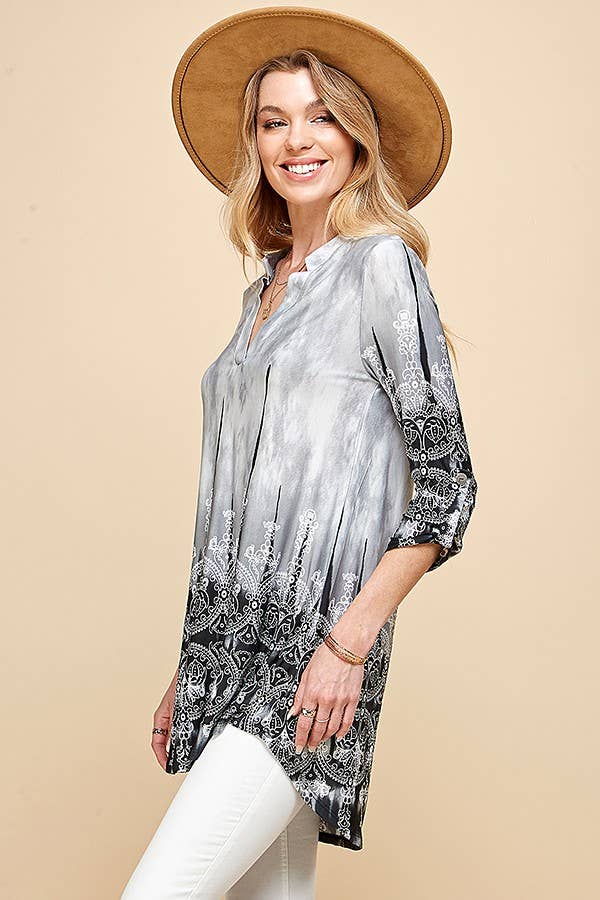 Women Paisley Tie Dye Roll Up Sleeve Tunic