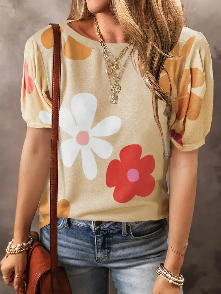 Colorful Floral Print Bubble Sleeve T-Shirt