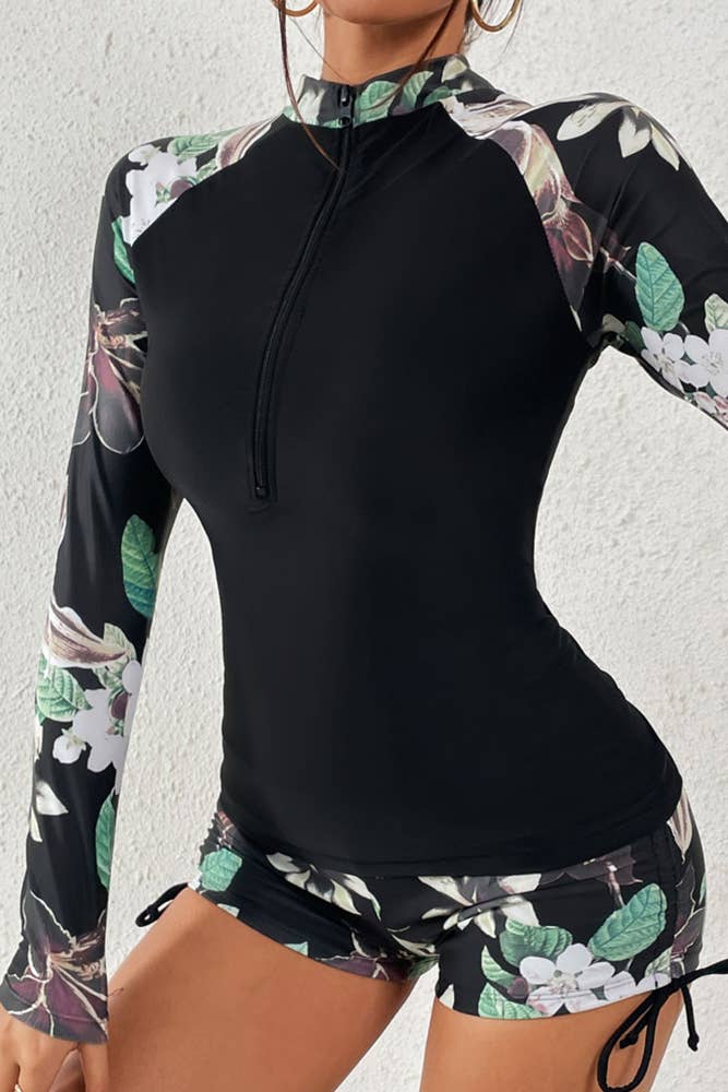 Zipper Down Floral Print Sleeves Rushguard 2pcs Set ZZKF636