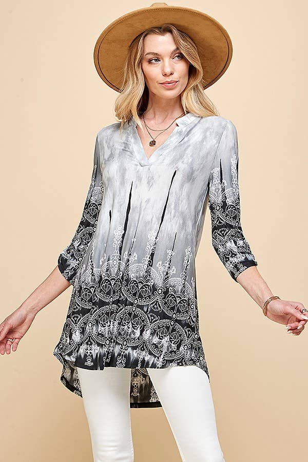 Women Paisley Tie Dye Roll Up Sleeve Tunic