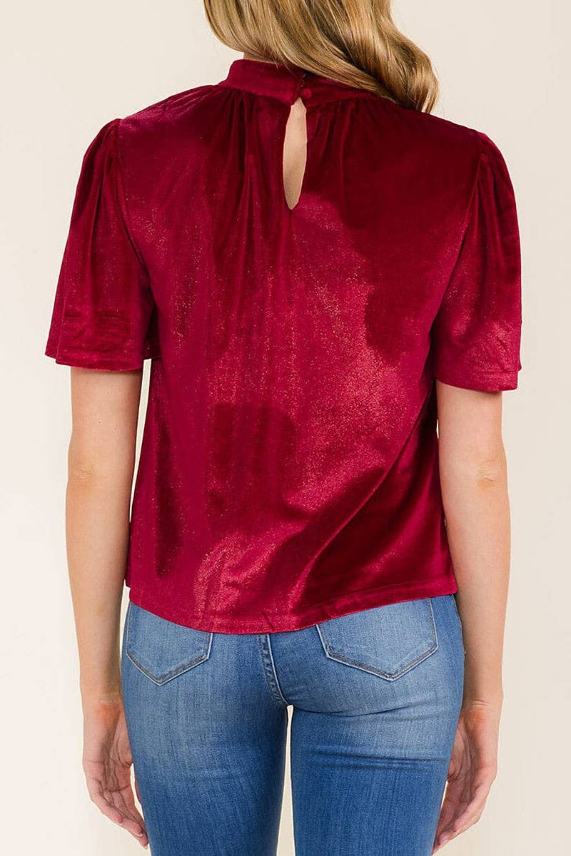 SOLID VELVET MOCK NECK SHORT SLEEVE BLOUSE TOP