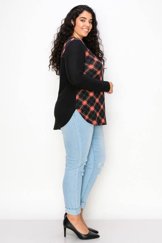 Plus Size Plaid Back Detail V Neck Top