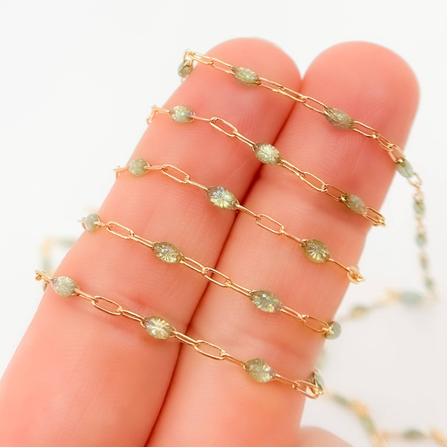 V250-OP3GF. Gold Filled Green Shade Color Opal Enamel Cable Chain