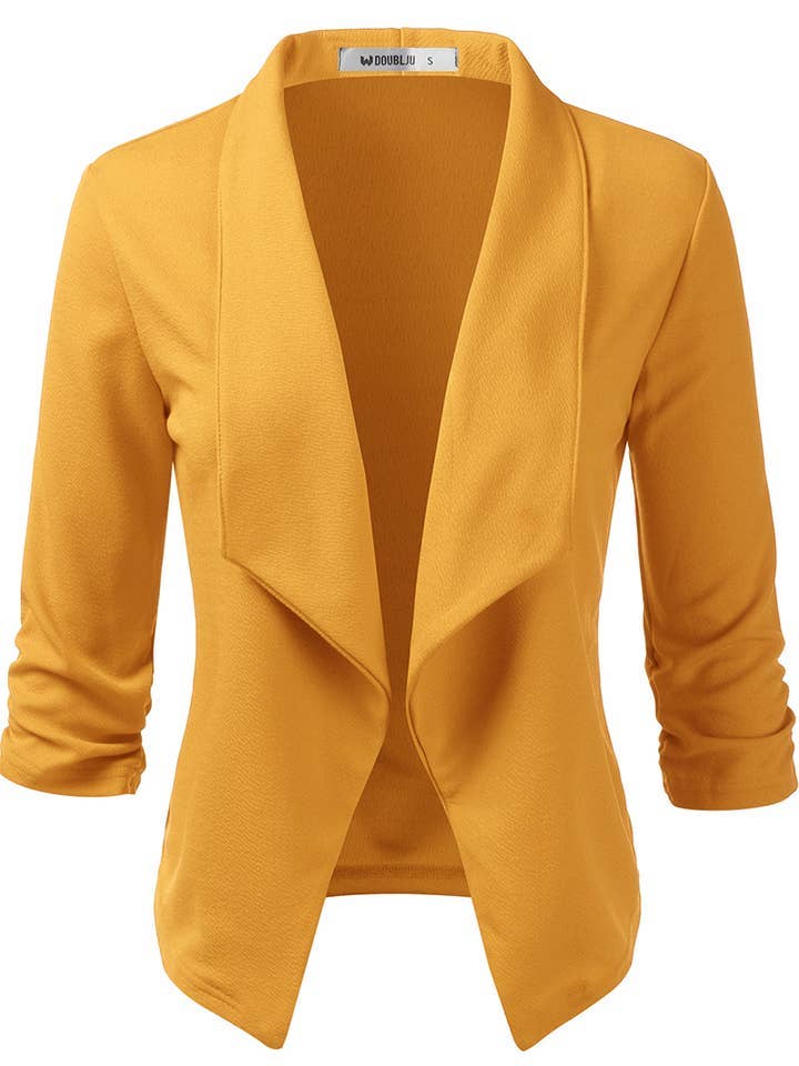 Casual Work Ruched 3/4 Slv Open Front Blazer Jacket