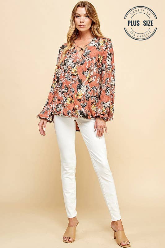 Plus Floral Criss Cross Cuffed Open Sleeve Top
