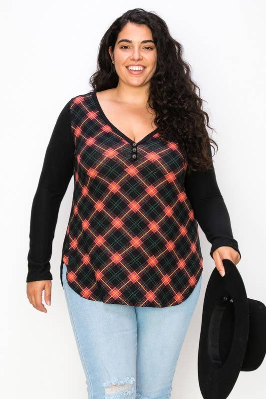 Plus Size Plaid Back Detail V Neck Top