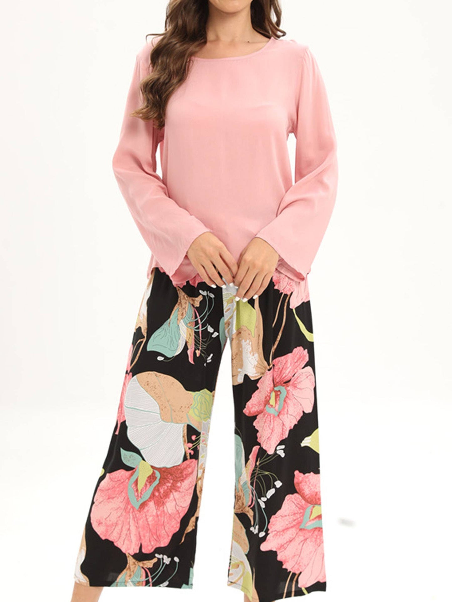 Pajama Set Soft Long Sleeve Top with Floral Pants Pjs Sleepw