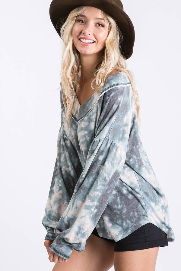 Loose Fitting Tie Dye V neck Balloon Long Sleeve Top T3472