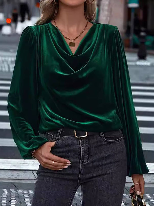 Velvet Pile Collar Lantern Sleeve Top