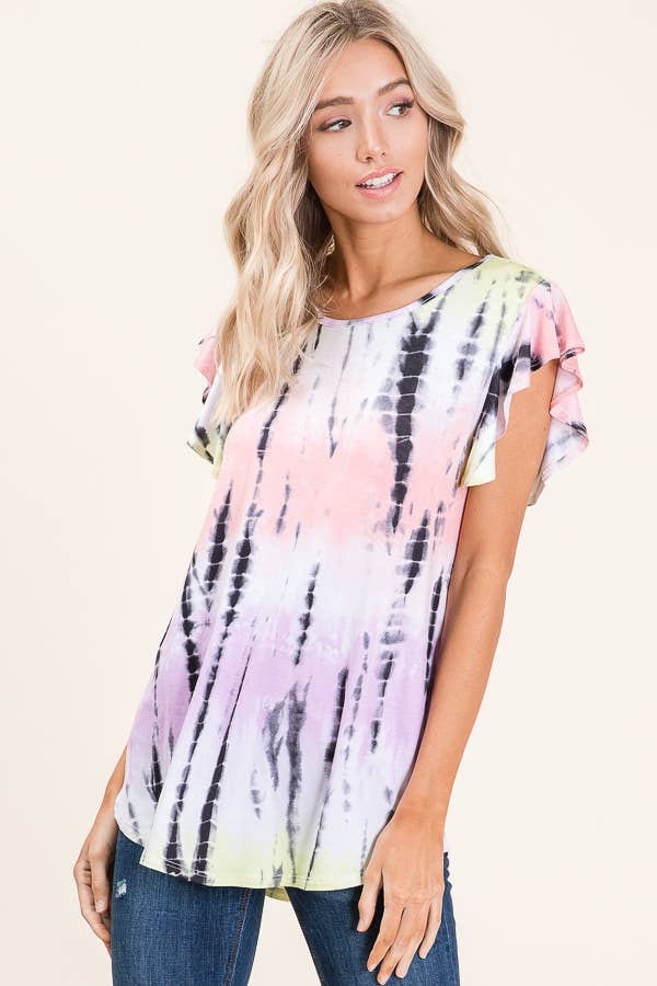 Tie-Dye Short Sleeve Ruffle Top