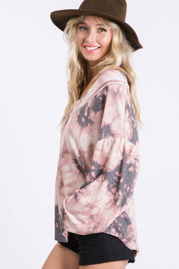 Loose Fitting Tie Dye V neck Balloon Long Sleeve Top T3472