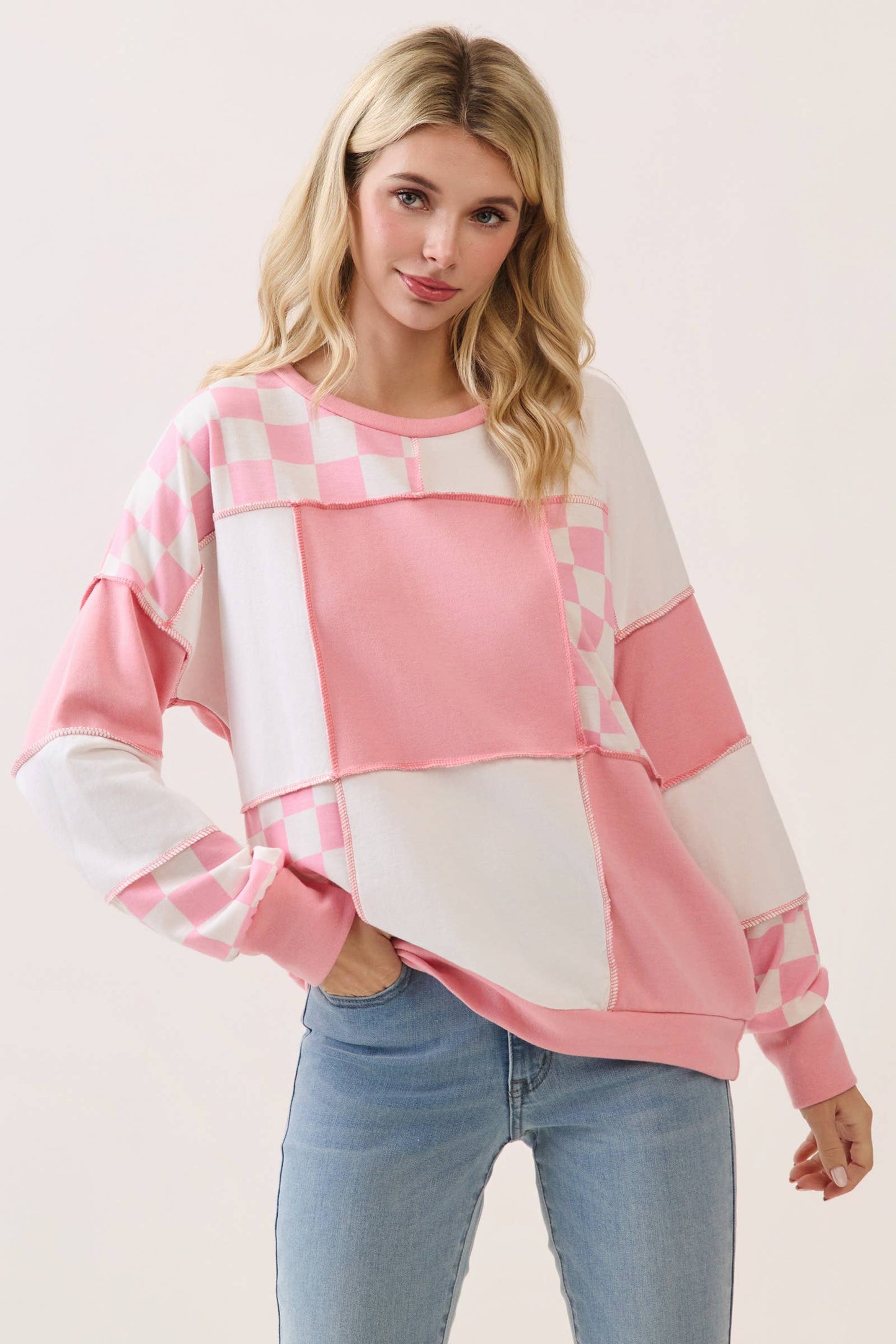 Checkered Print Patchwork pullover top