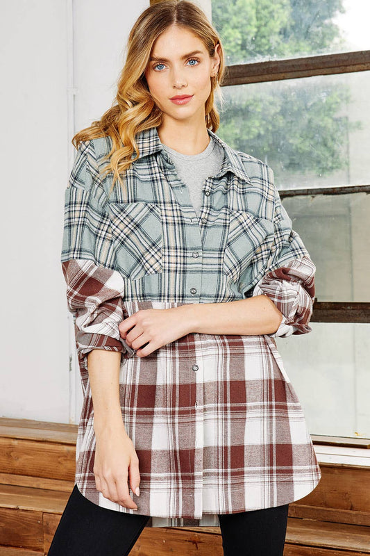 Mixed Plaid Button Down Oversized Shirt
