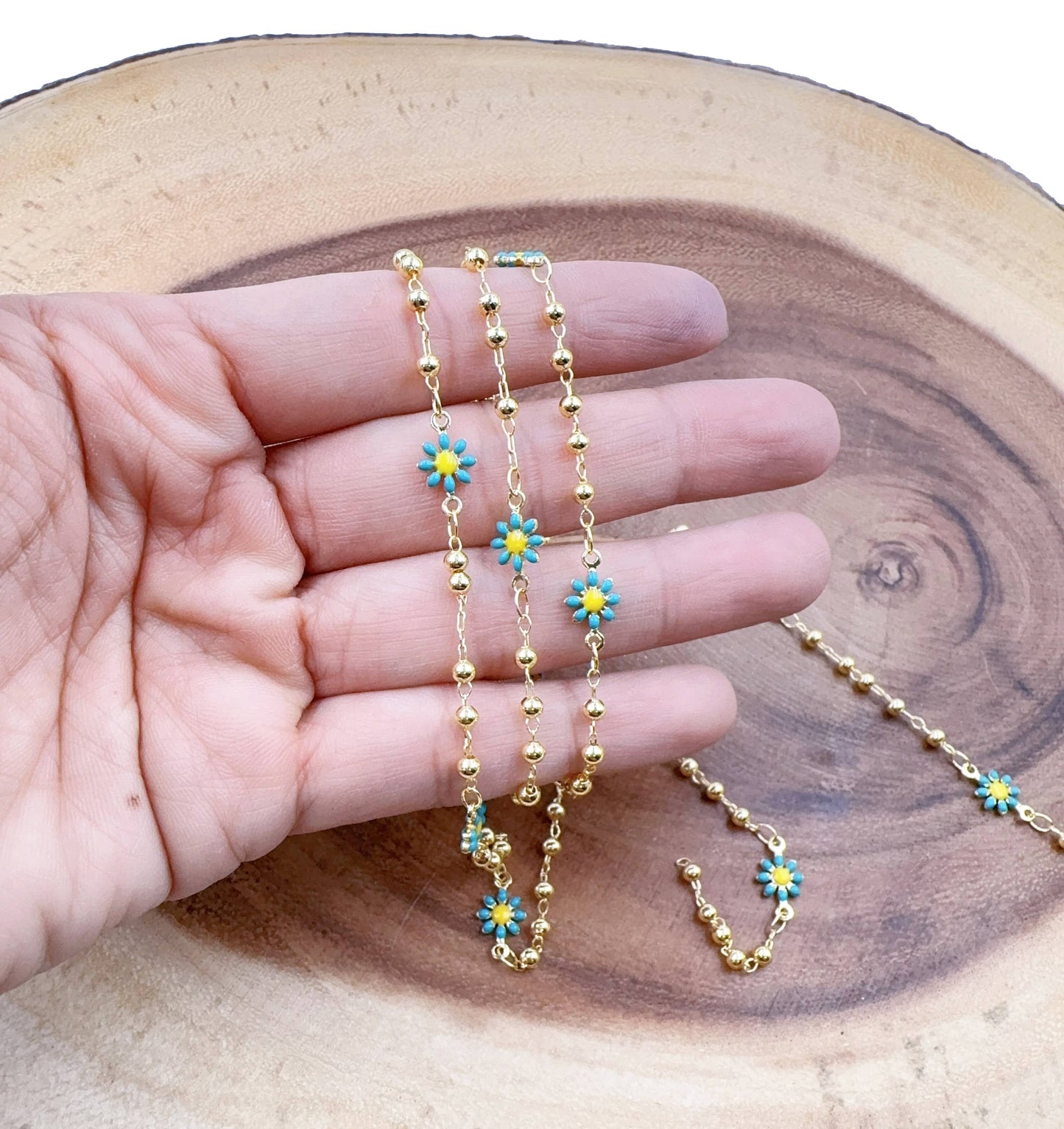 Enamel Daisy Flower Chain Gold Filled