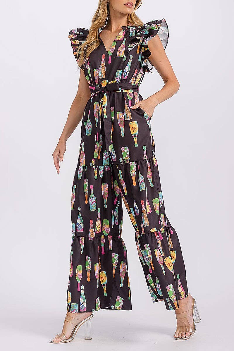 Printed Ruffle Sleeve Self-Tie Wide Leg Jumpsuit