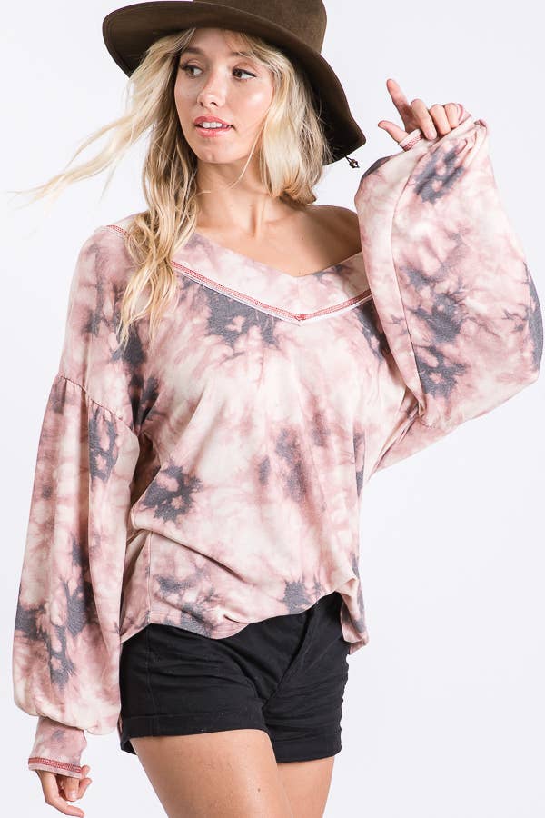 Loose Fitting Tie Dye V neck Balloon Long Sleeve Top T3472
