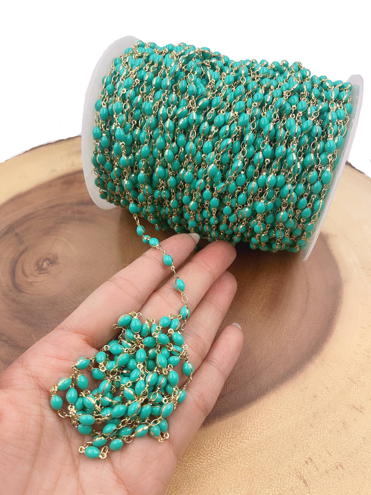 Green Turquoise Beaded Chain by Foot, Gemstone Chain CH313