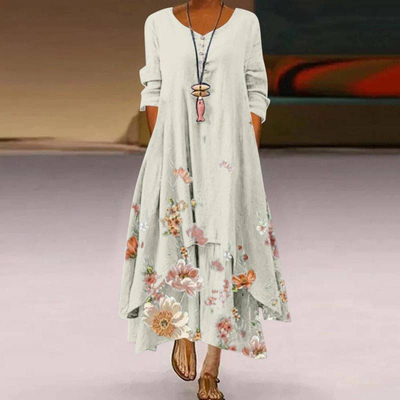 Fashion Boho Floral Printed Long Sleeve Women Irregular Hem Maxi Loose Dress