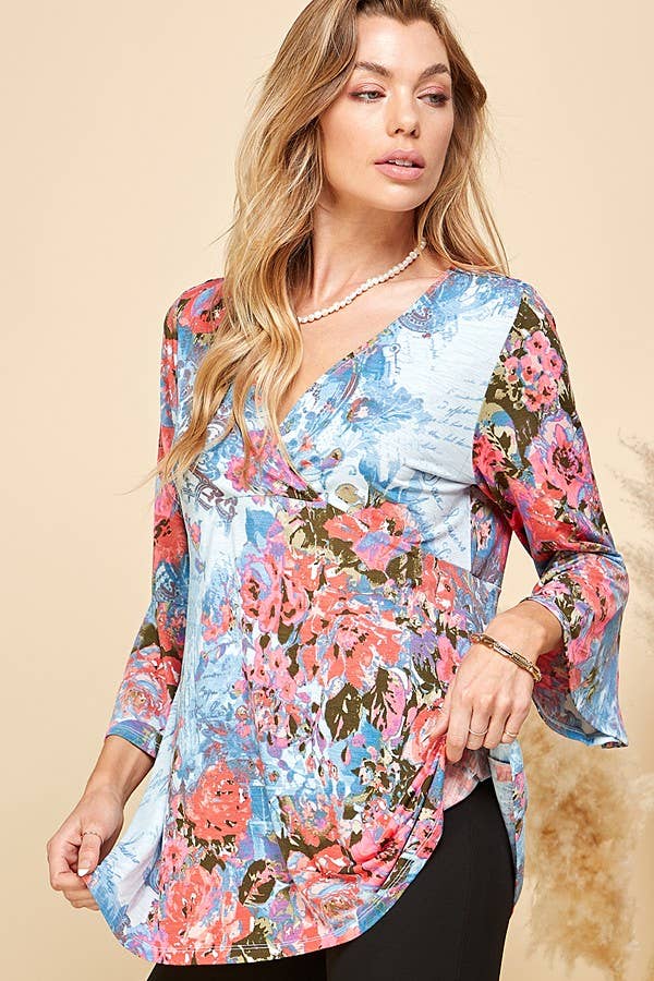 Women Floral Print 3/4 Sleeve Tunic Top