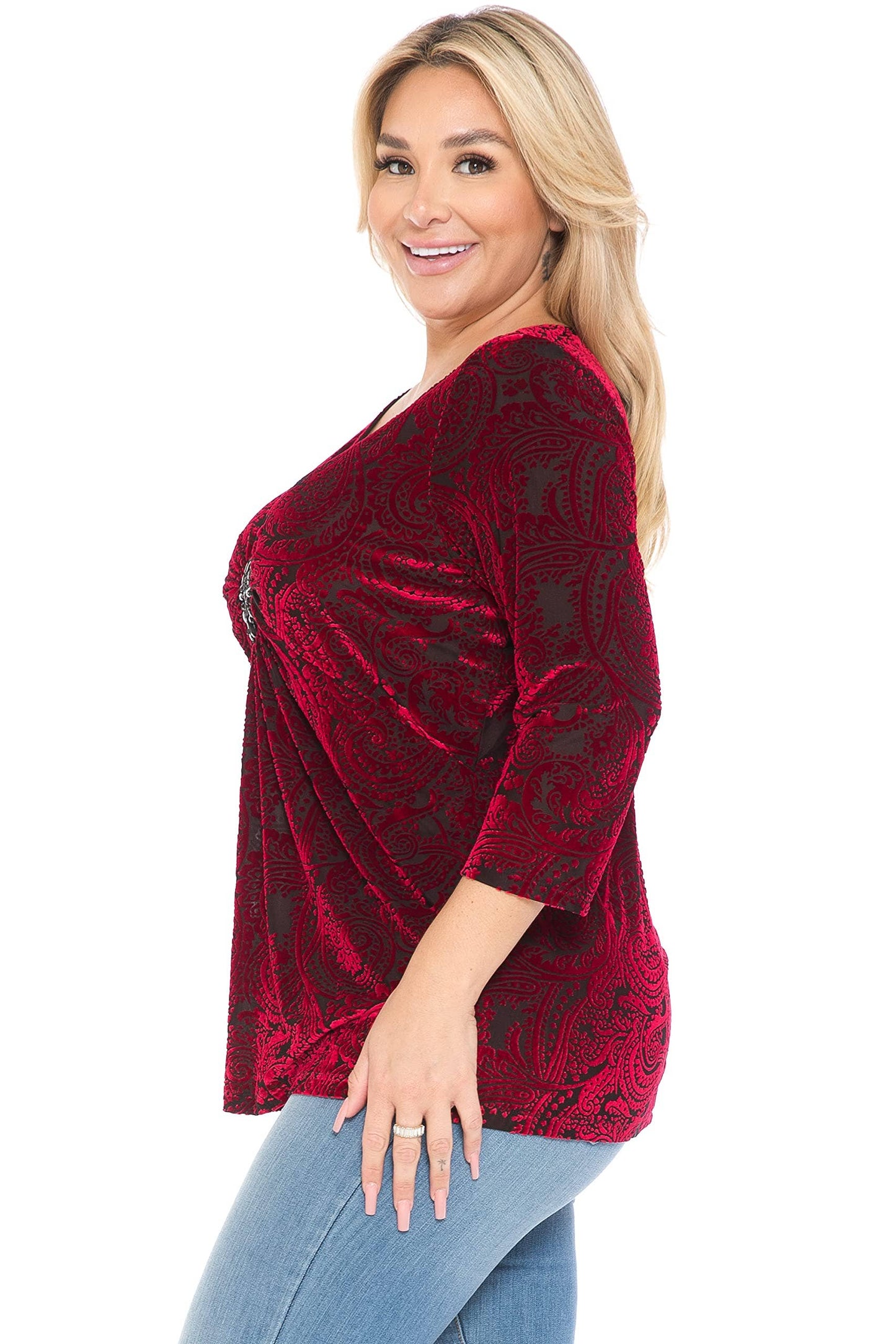 Women and Plus Size Red Burn Out Velvet Medallion Top