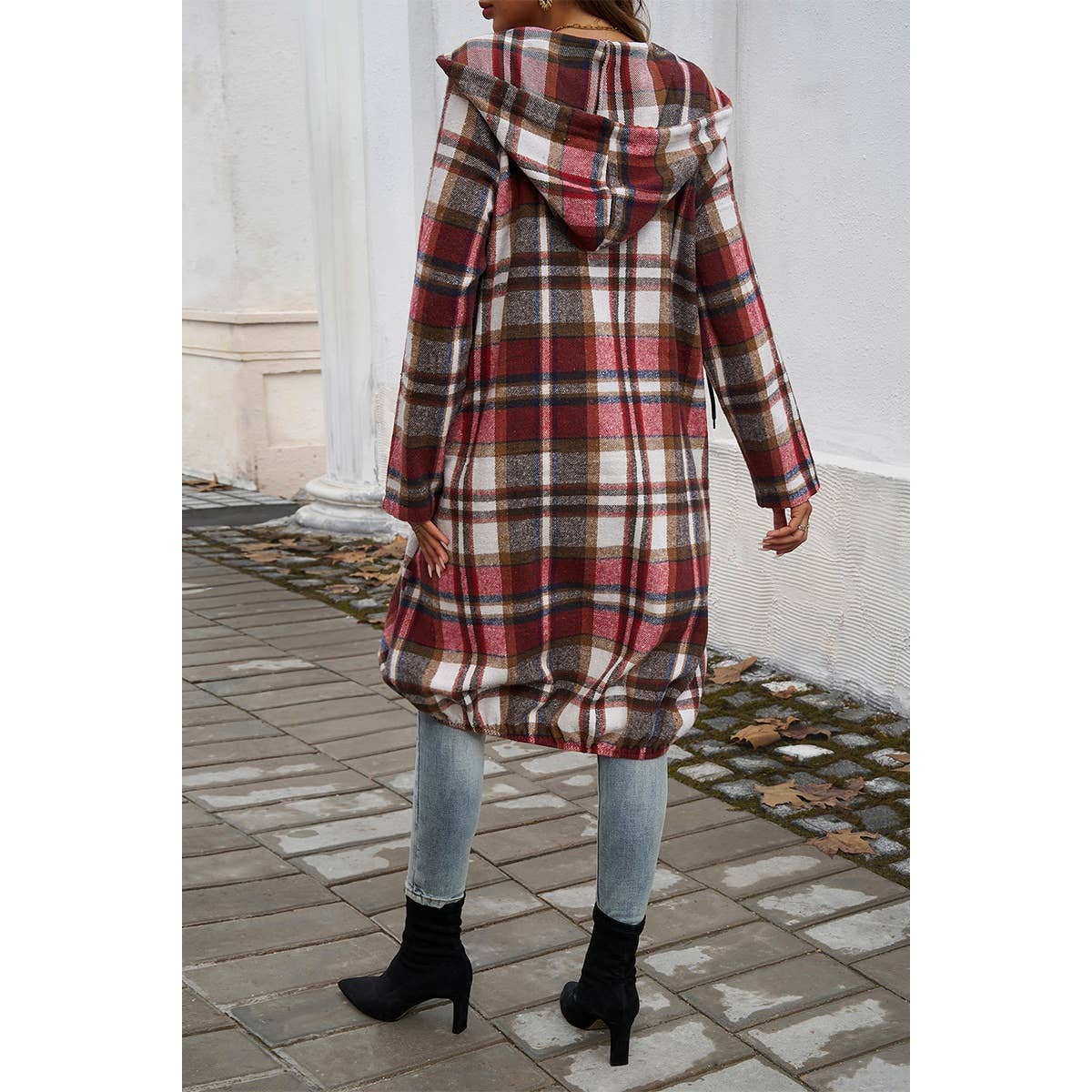 Plaid Zip Up Pockets Long Hooded Coat