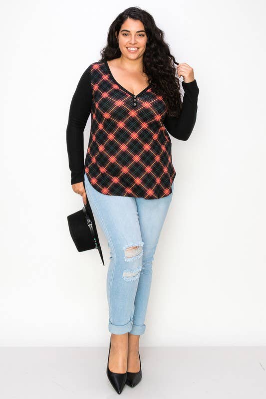 Plus Size Plaid Back Detail V Neck Top