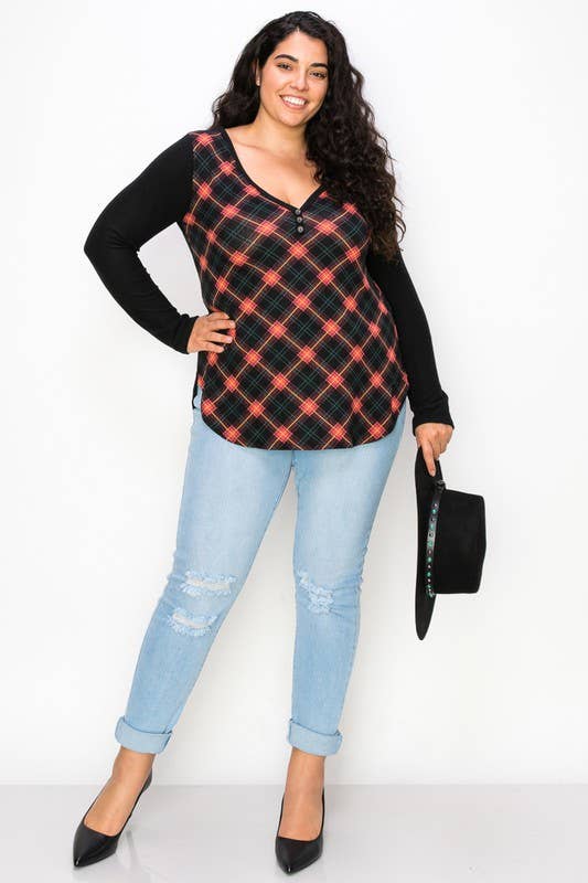 Plus Size Plaid Back Detail V Neck Top