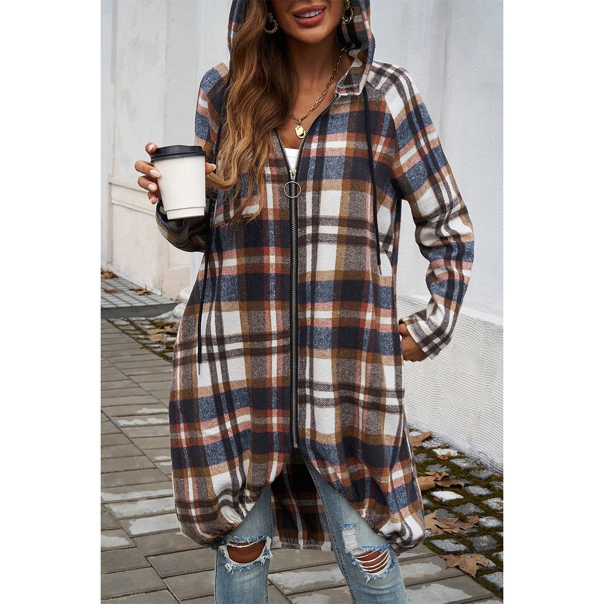 Plaid Zip Up Pockets Long Hooded Coat
