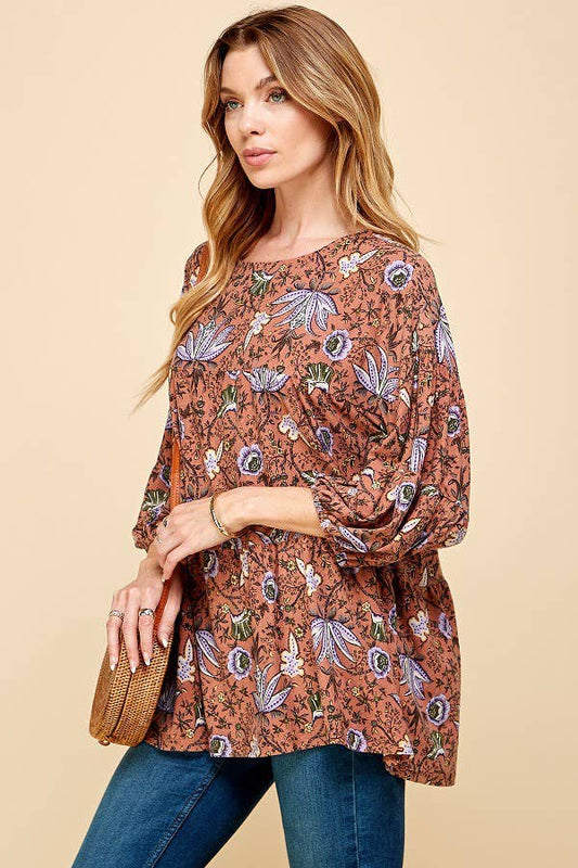 Vintage Floral Print Long Sleeve Top w/Elastic