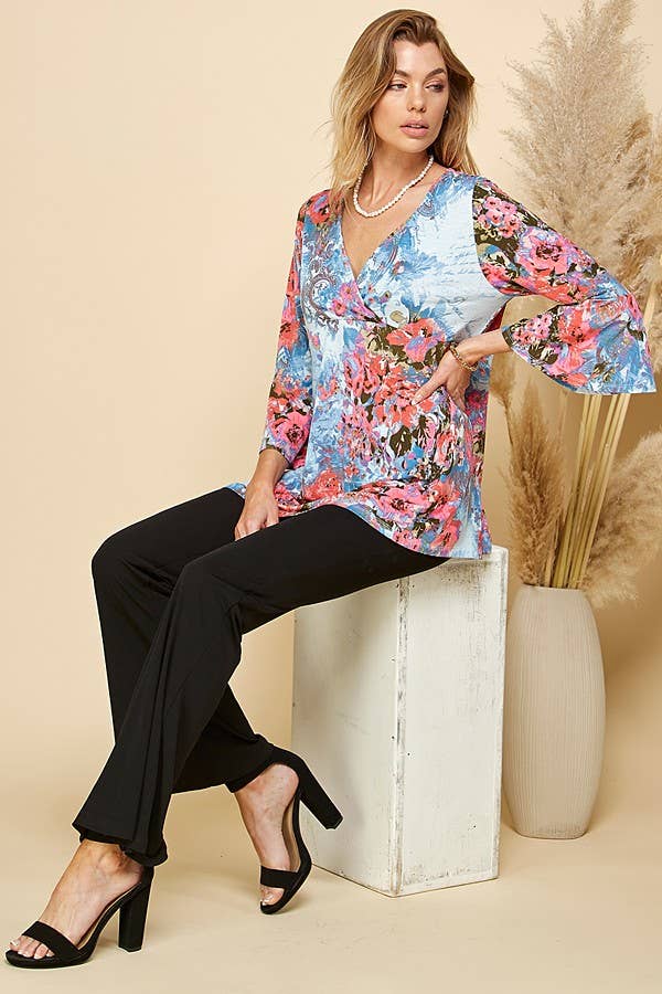 Women Floral Print 3/4 Sleeve Tunic Top