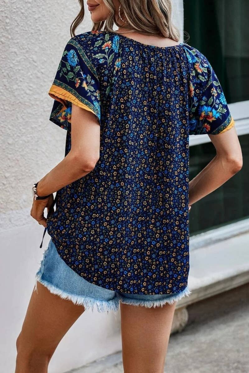 CASUAL BOHO V-NECK SHORT-SLEEVED SHIRT TOP