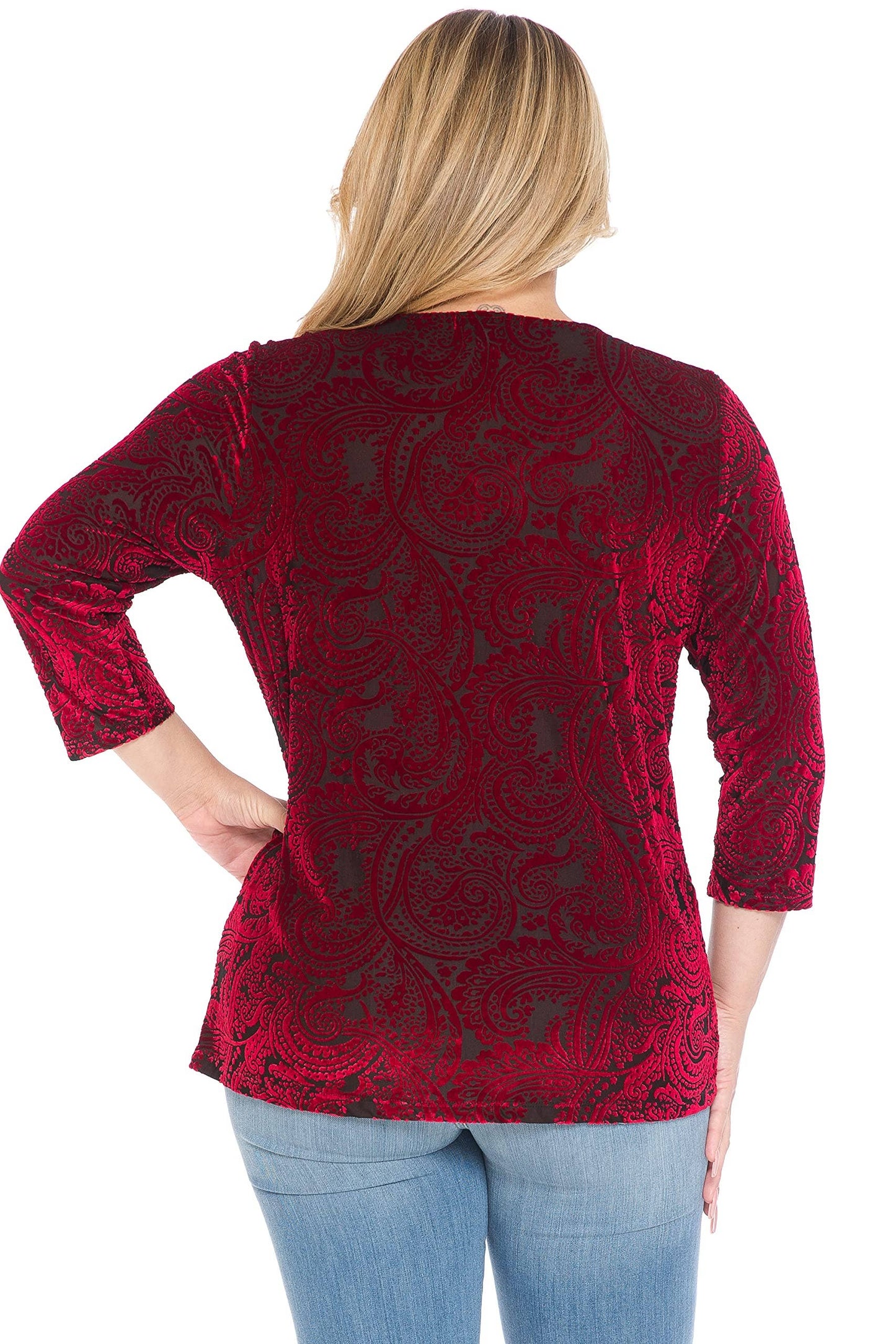 Women and Plus Size Red Burn Out Velvet Medallion Top