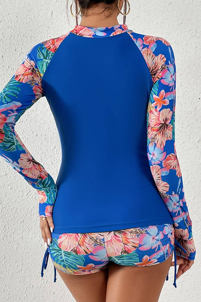 Zipper Down Floral Print Sleeves Rushguard 2pcs Set ZZKF636