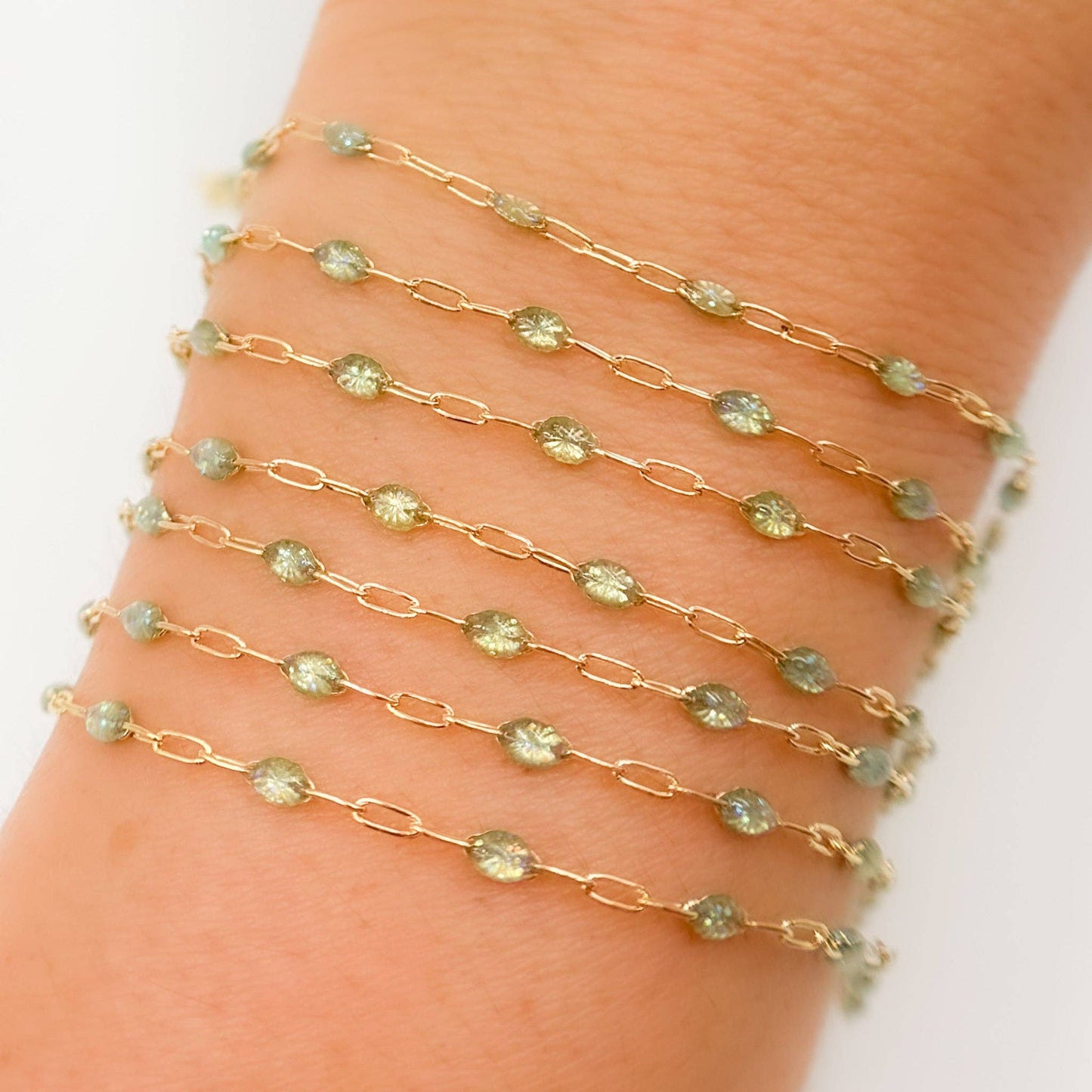 V250-OP3GF. Gold Filled Green Shade Color Opal Enamel Cable Chain