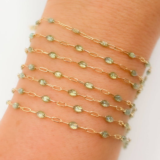 V250-OP3GF. Gold Filled Green Shade Color Opal Enamel Cable Chain