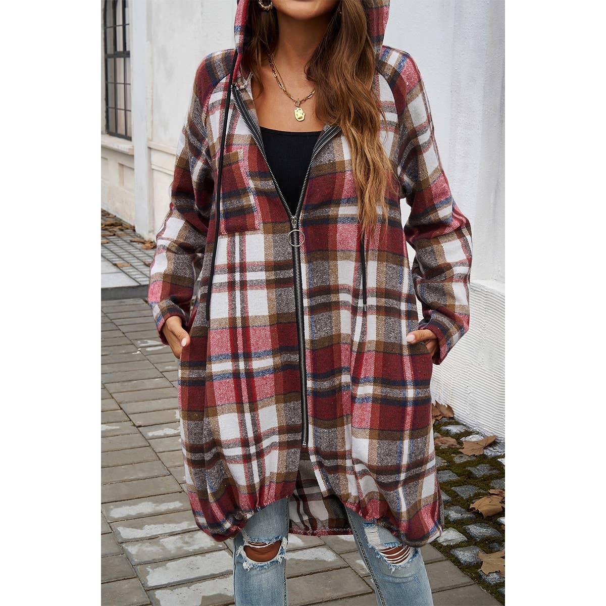 Plaid Zip Up Pockets Long Hooded Coat