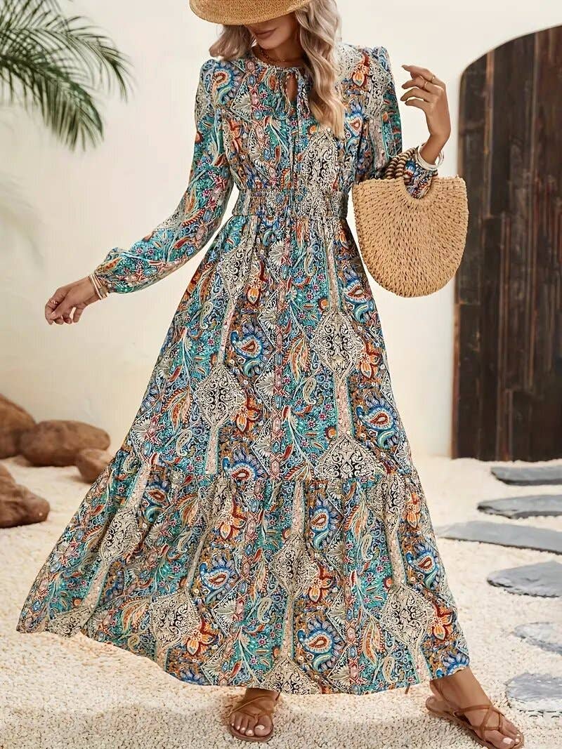 Fashionable Print Tie-Up Long-Sleeved Dress