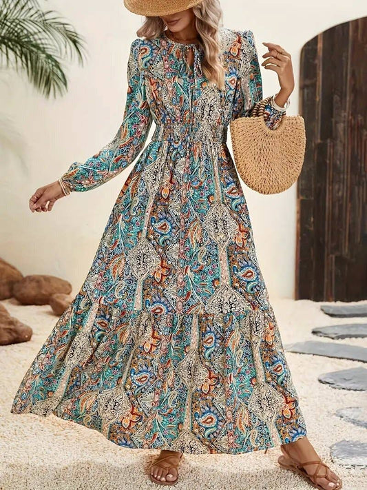 Fashionable Print Tie-Up Long-Sleeved Dress