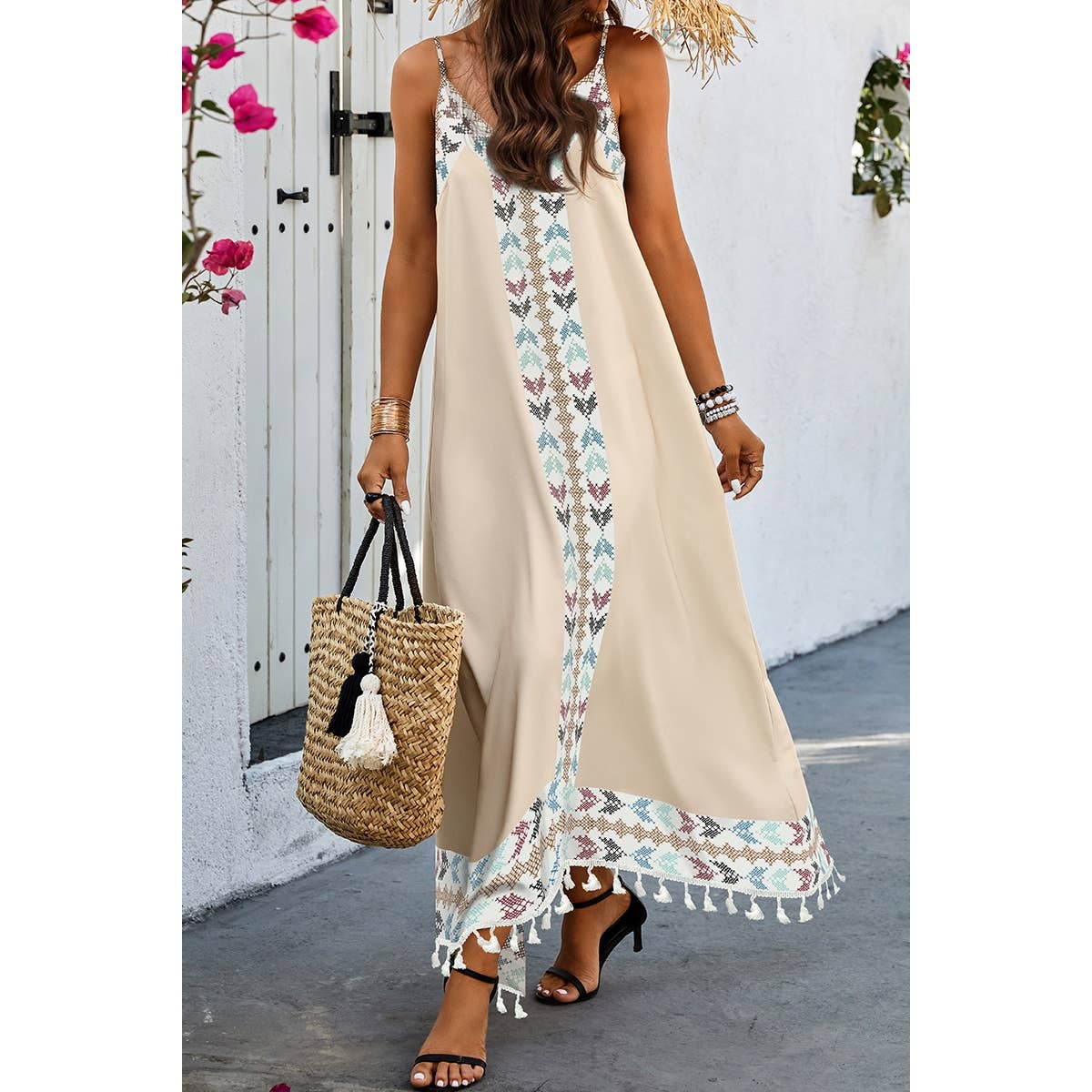 Asymmetric Hem Tassel Sleeveless Print Full Dress