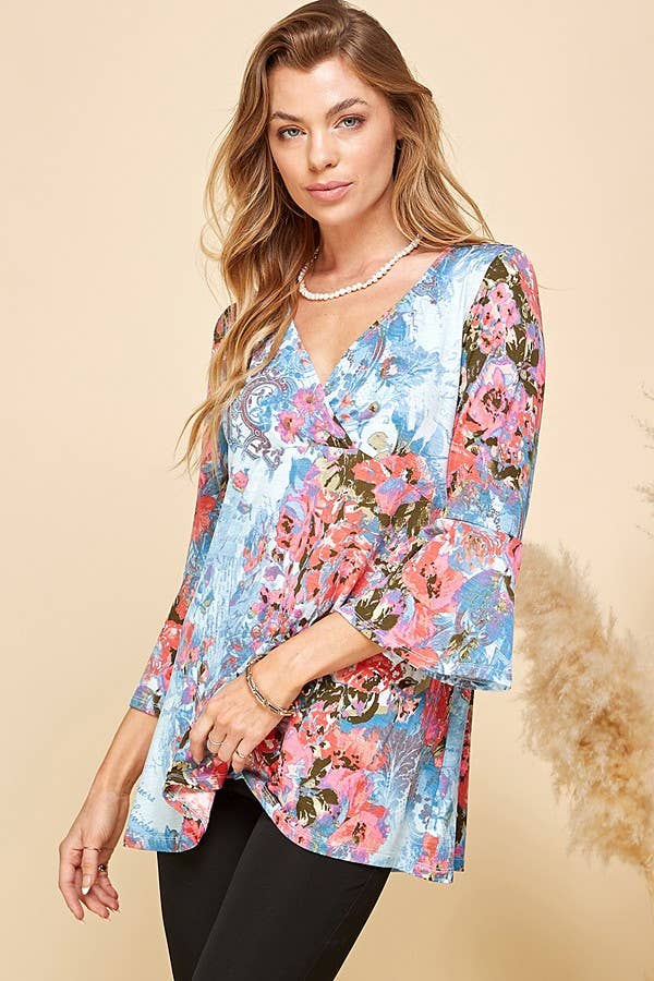 Women Floral Print 3/4 Sleeve Tunic Top