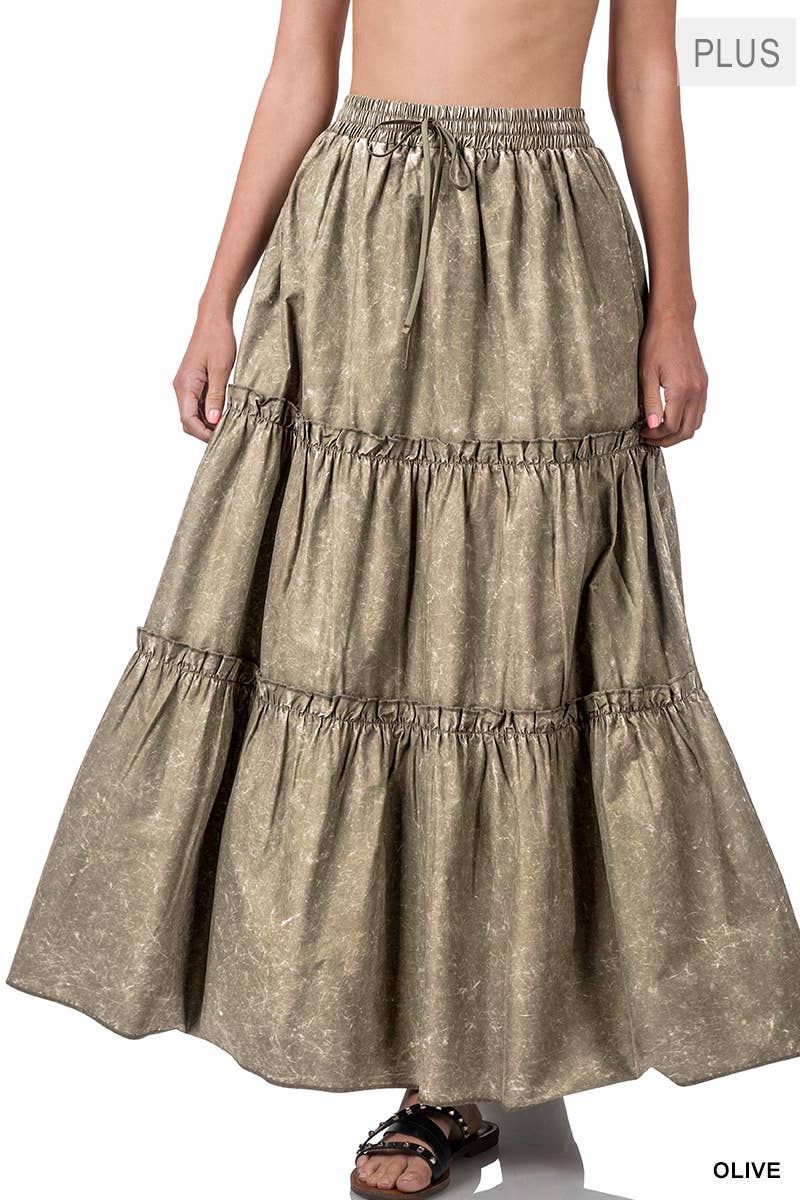 Plus Woven Acid Wash Tiered Ruffle Maxi Skirt