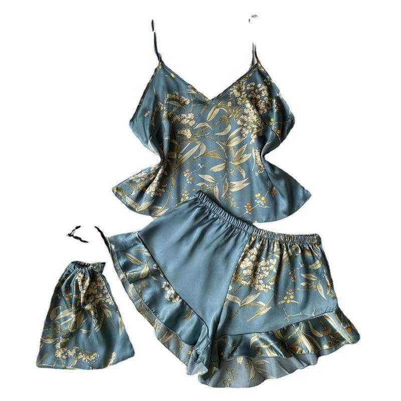 Women Fashion Printed Silk Pajamas Two-Piece Set
