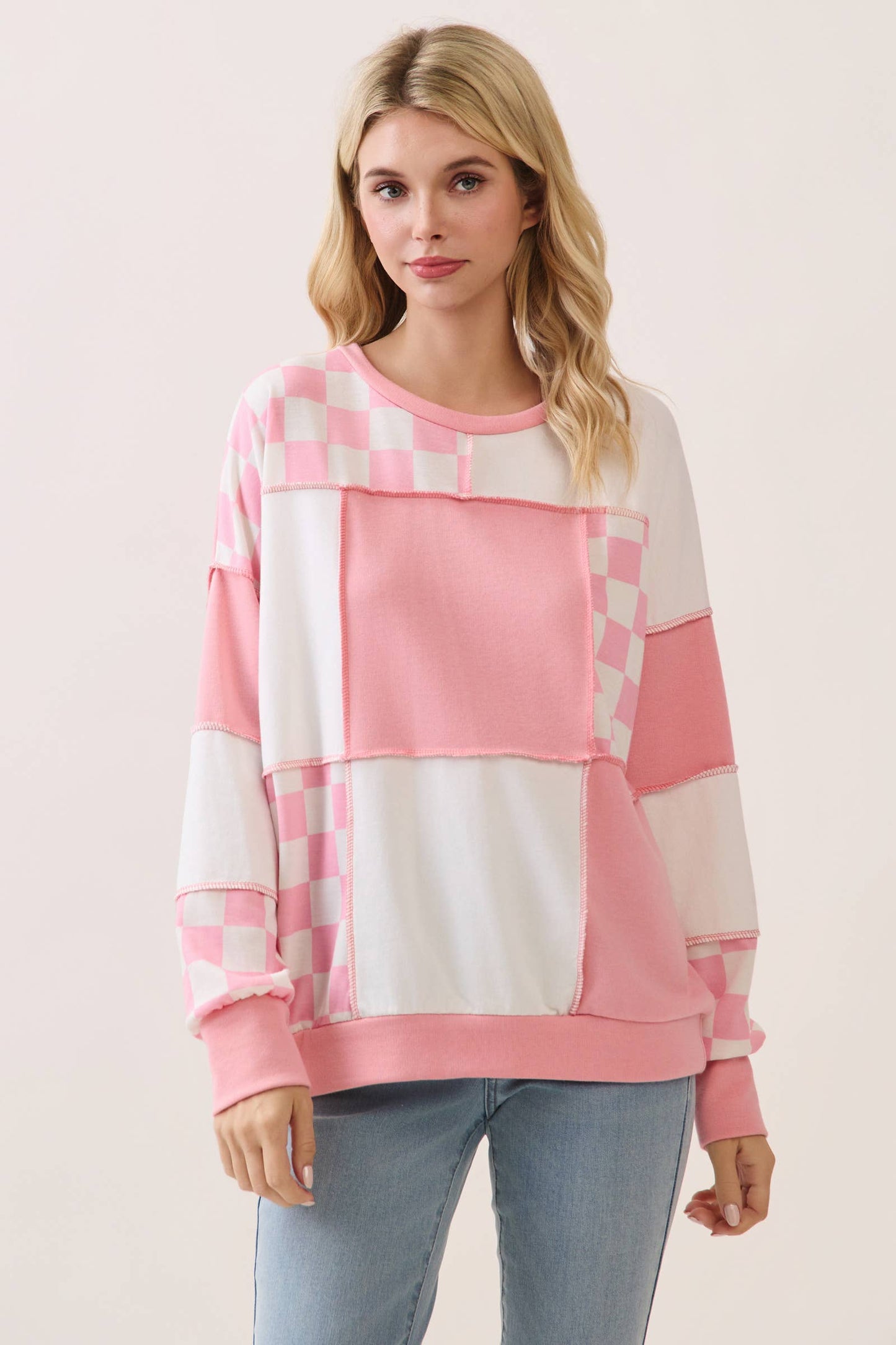 Checkered Print Patchwork pullover top