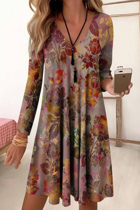 Printed V Neck Long Sleeves Dress