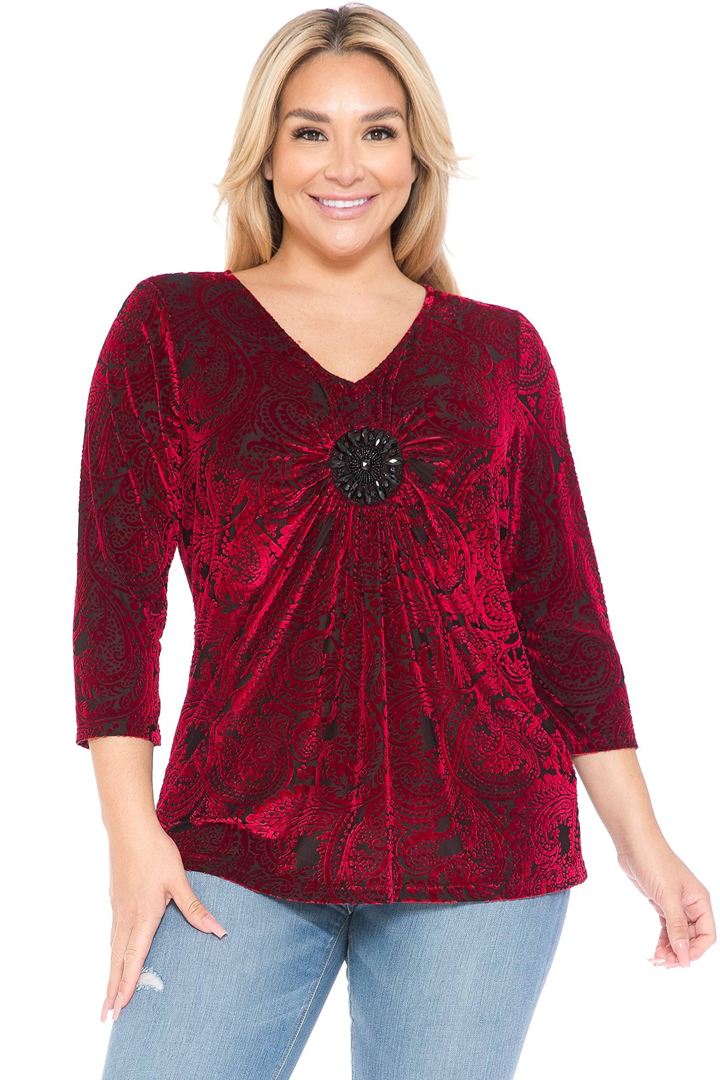 Women and Plus Size Red Burn Out Velvet Medallion Top
