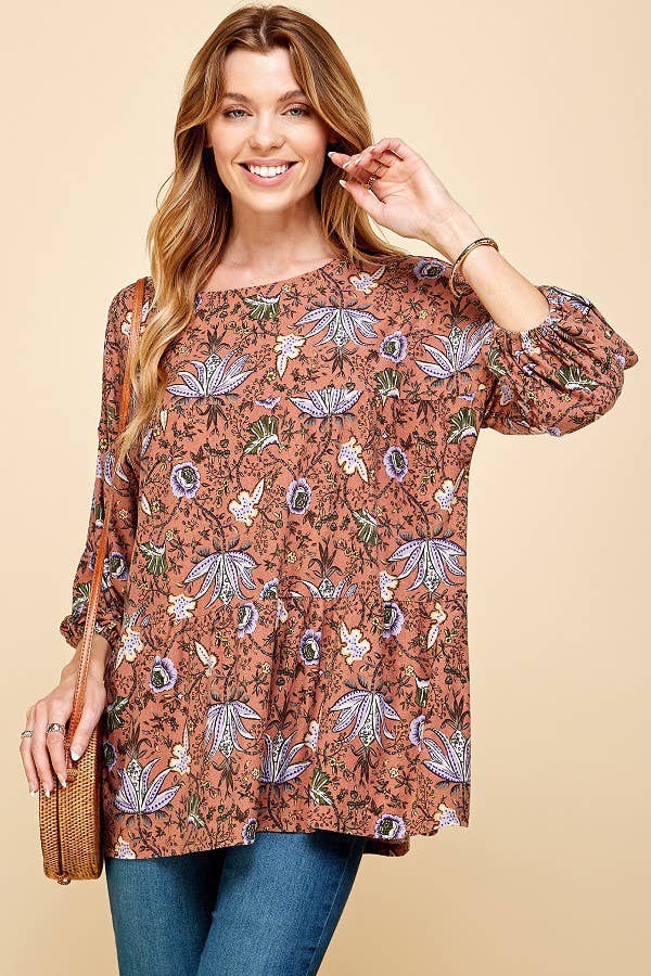 Vintage Floral Print Long Sleeve Top w/Elastic