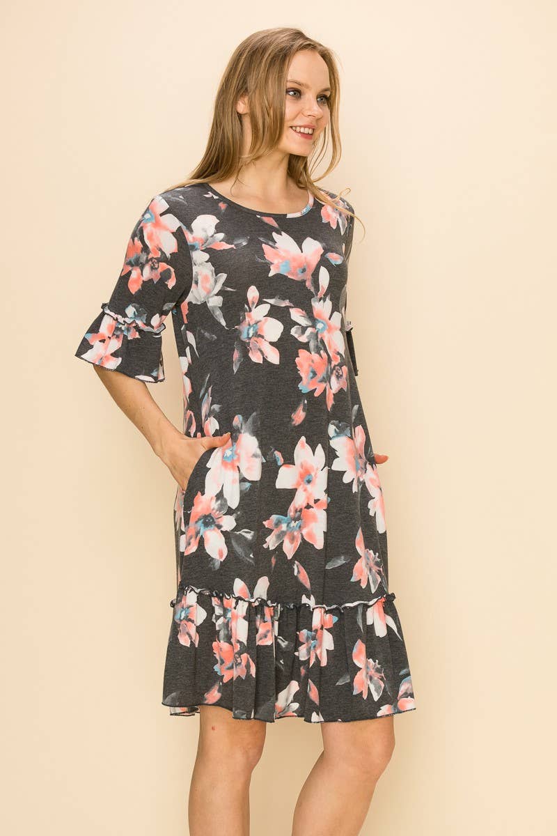 Women Floral Soft Midi Dress w/Ruffle