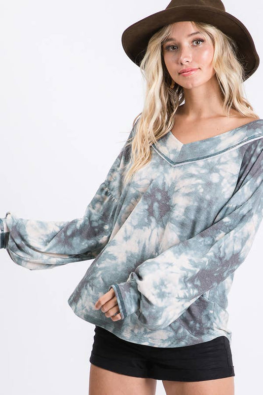 Loose Fitting Tie Dye V neck Balloon Long Sleeve Top T3472