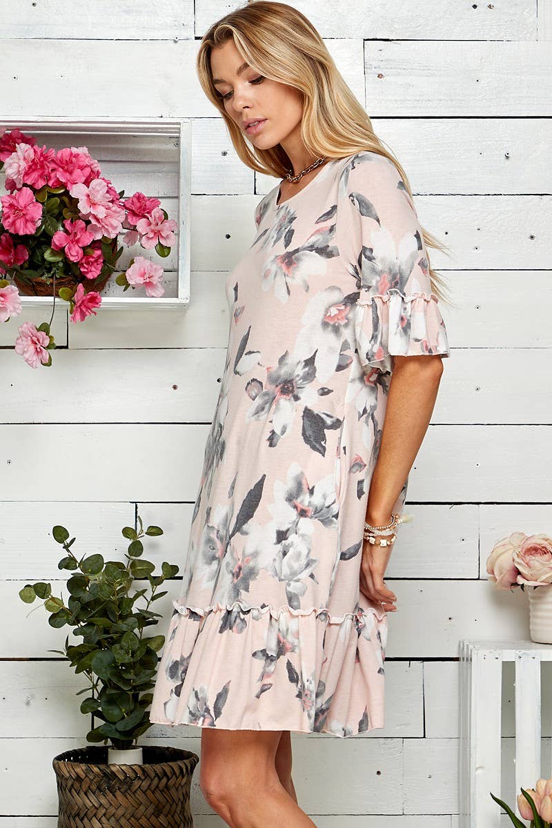 Women Floral Soft Midi Dress w/Ruffle